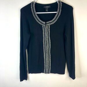 White House Black Market Long sleeve black ribbed knit cardigan sweater fringe L